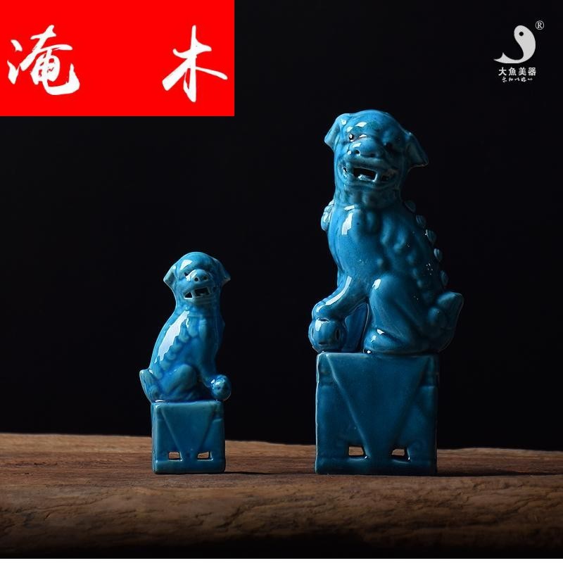 Flooded wooden fish, old plant porcelain of jingdezhen ceramic lion blue glaze blue glaze desktop furnishing articles town house standing to ward off bad luck