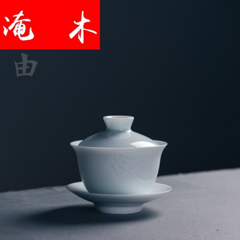 Flooded wood 【 】 jingdezhen porcelain shadow blue glaze tureen hand - carved kung fu tea bag mail only three bowl of tea vessels