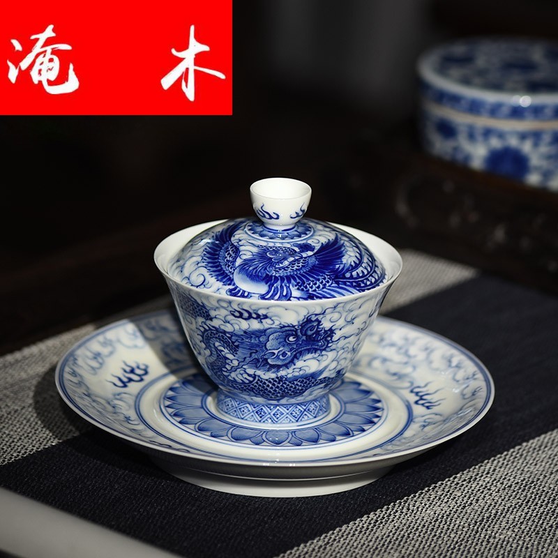 Submerged wood jingdezhen blue and white dragon ceramics all hand only three tureen kung fu tea bowl cups of tea