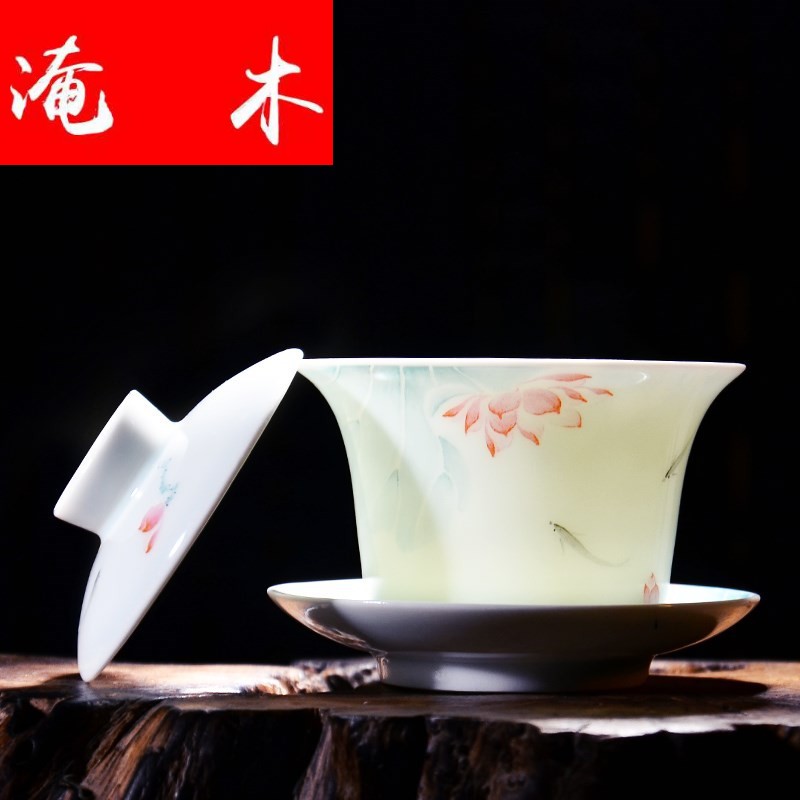 Submerged wood jingdezhen hand - made pastel shade green ceramic tureen tea kung fu tea set three cups to use