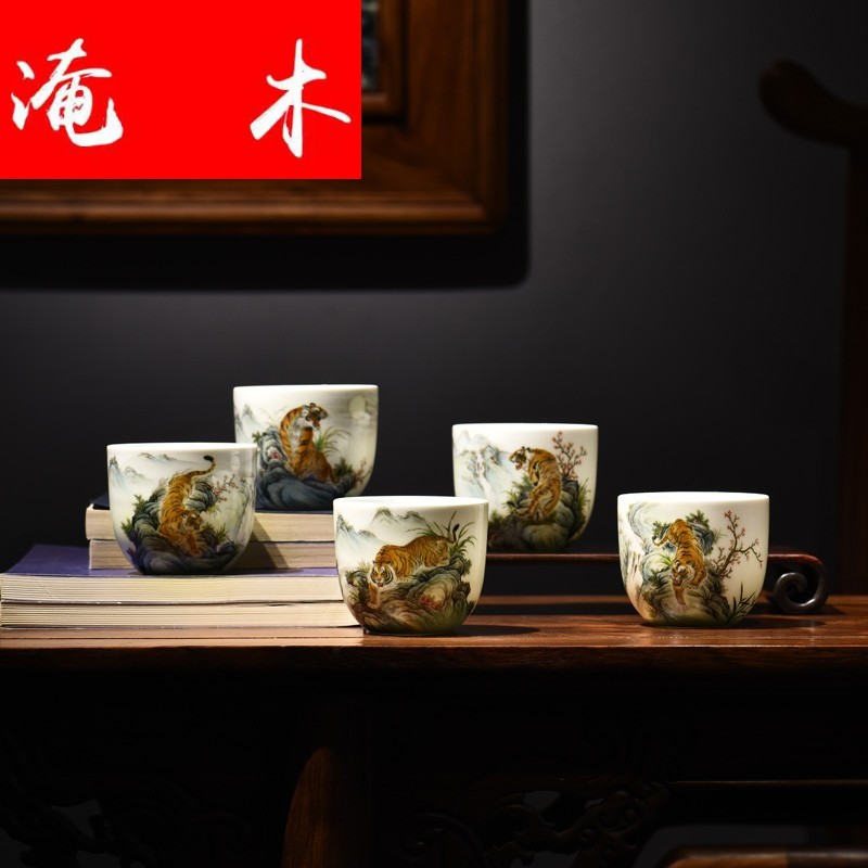 Flooded hand - made wooden jingdezhen ceramics powder enamel five blessings tiger Lord kung fu tea cup sample tea cup