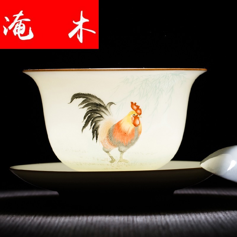 Submerged wood jingdezhen pure manual painting enamel rooster three tureen only chicken cylinder small kung fu tea set high white glazed porcelain cups