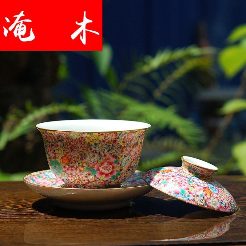 Submerged wood jingdezhen hand - made famille rose flower covered bowl bowl kung fu tea set three antique porcelain bowl