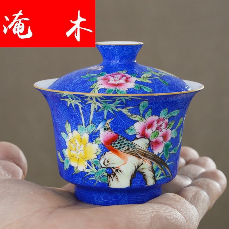 Submerged wood jingdezhen manual pick flowers tureen ceramic checking kung fu tea set hand - made paint powder enamel three to cover