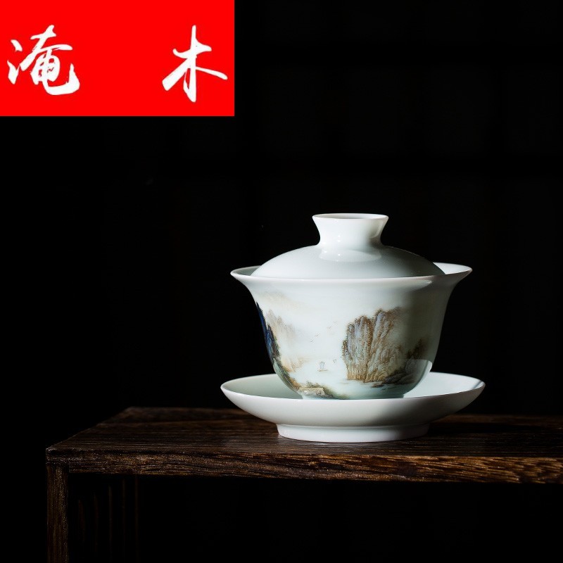 Submerged wood only three tureen teacups hand - made pastel landscape Yellow River jingdezhen kung fu tea tea bowl
