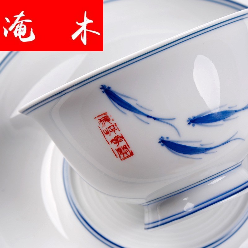 Flooded wooden thin foetus dehua white porcelain hand grasp tureen hand three blue and white porcelain cup to make tea household kung fu tea set