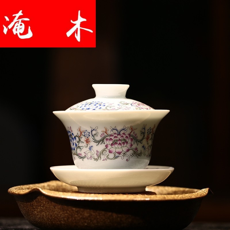 Submerged wood flagship store tureen jingdezhen ceramic cups large kung fu tea set three bowl of pastel worship teacup