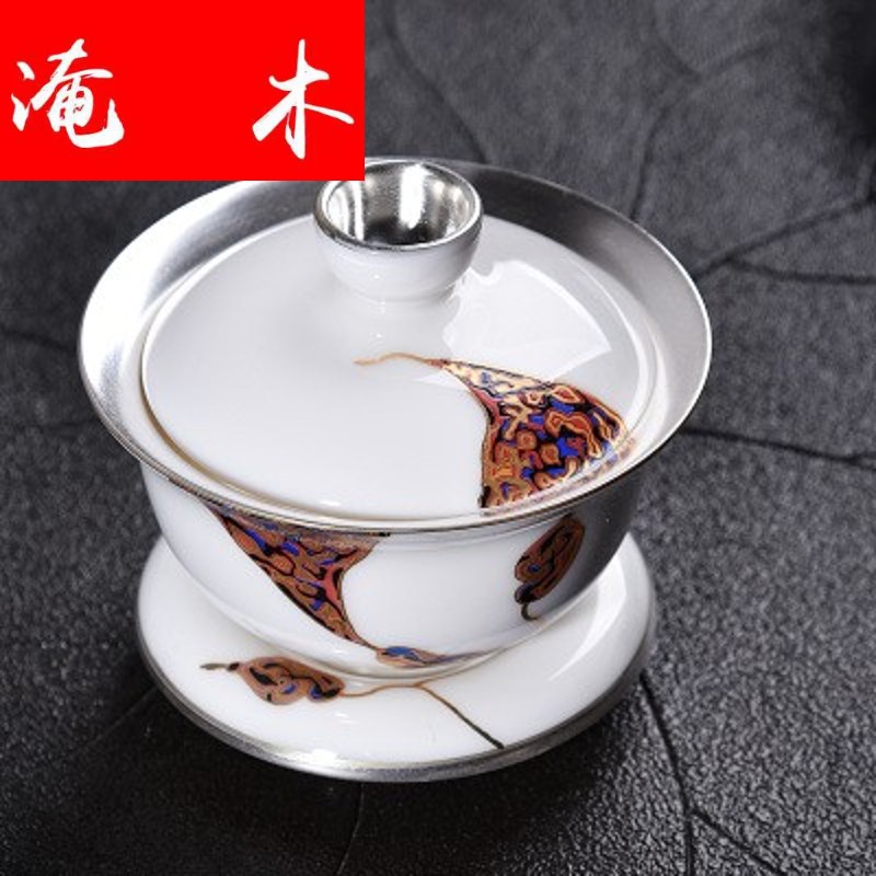 Flooded three wooden household silver tureen of blue and white porcelain ceramic tasted silver gilding big bowl of kung fu tea tea bowl to bowl