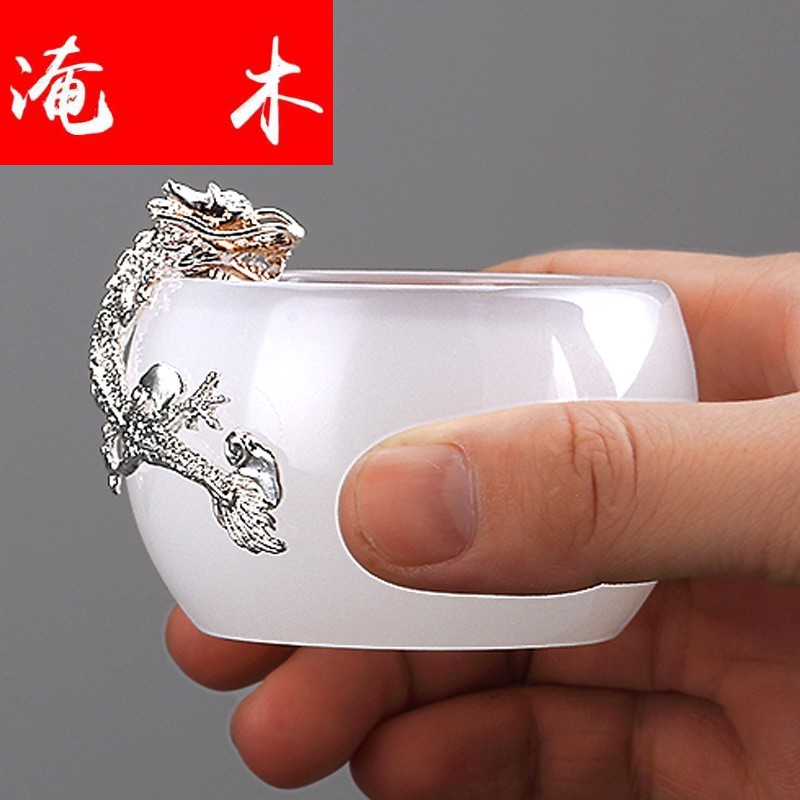 Flooded the wooden hand white porcelain individual small single CPU kung fu tea set with silver cups tea master sample tea cup of household ceramics