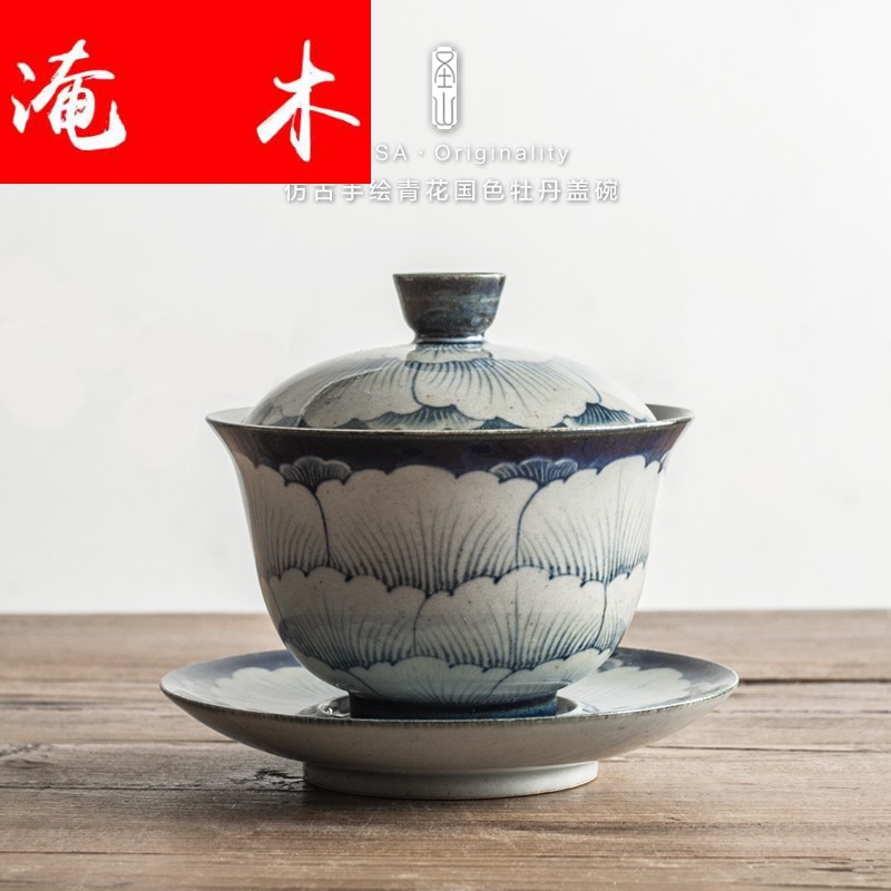 Submerged wood antique blue - and - white hand - made peony Chinese style restoring ancient ways tureen ceramic tea set three cups to tureen tea bowls