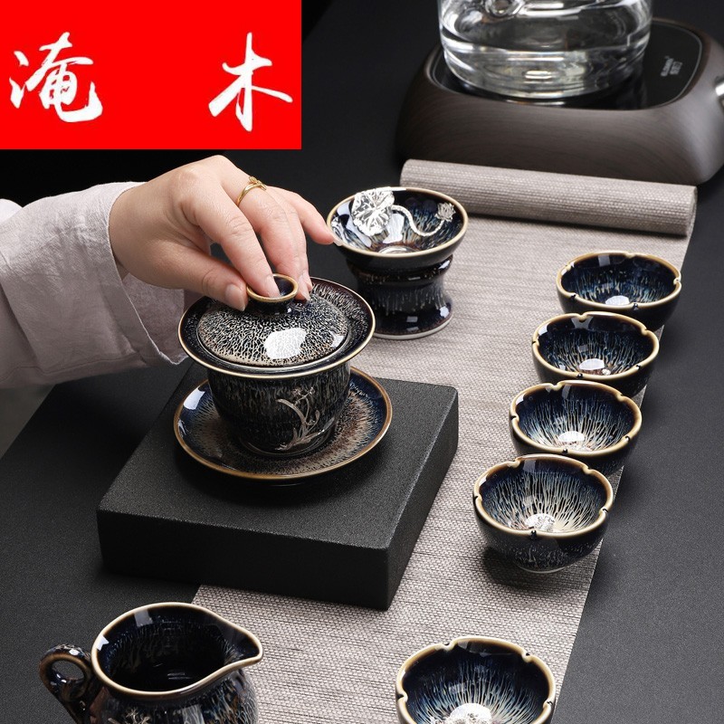 Submerged wood jingdezhen ceramic inlaid with silver GaiWanCha device only three cup tea bowl of kung fu tea accessories tea for 1