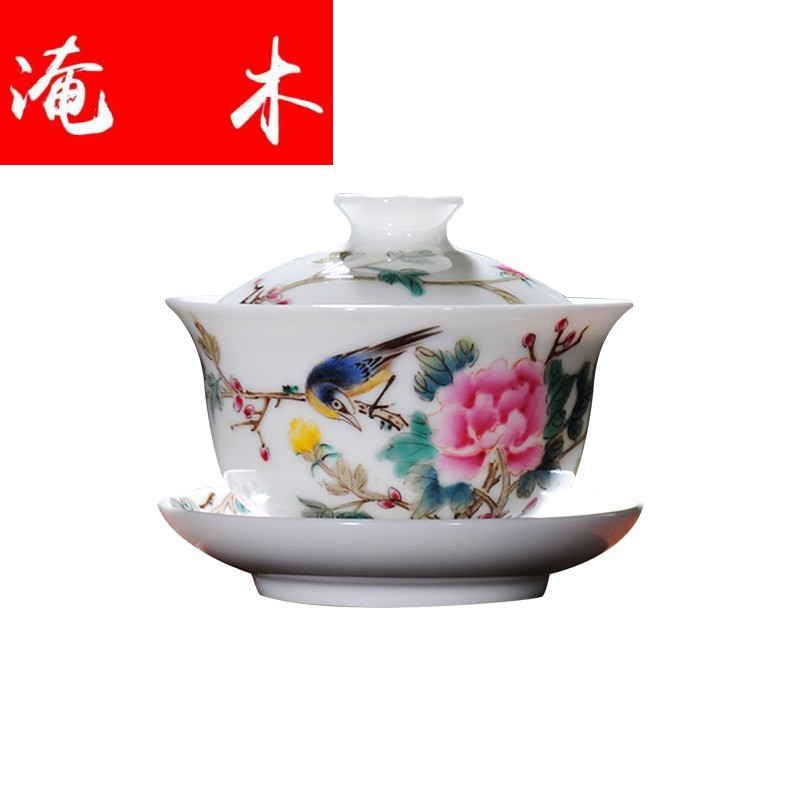 Flooded hand - made wooden jingdezhen ceramics tureen kung fu tea tea bowl powder enamel cups pure manual bowl is three