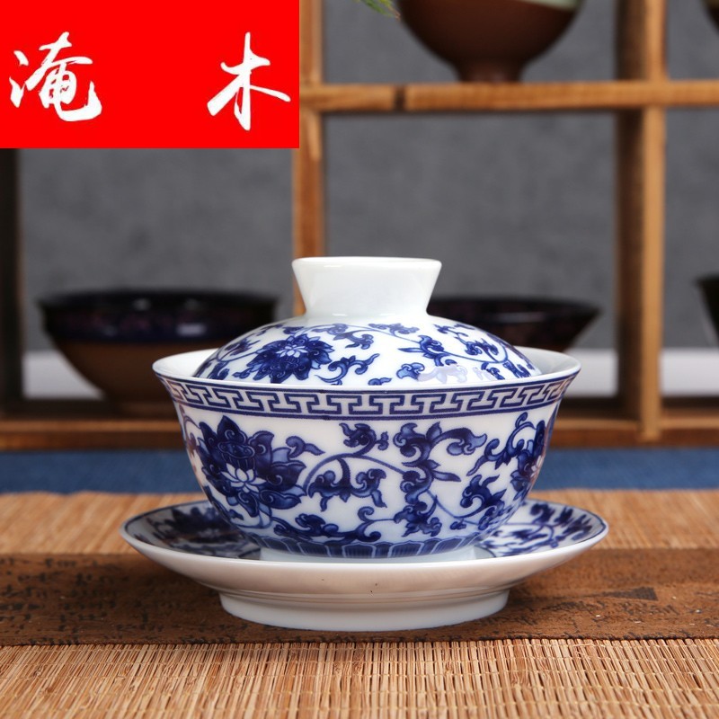 Submerged wood tureen jingdezhen blue and white porcelain cups large ceramic kung fu tea tureen worship hand draw three cups