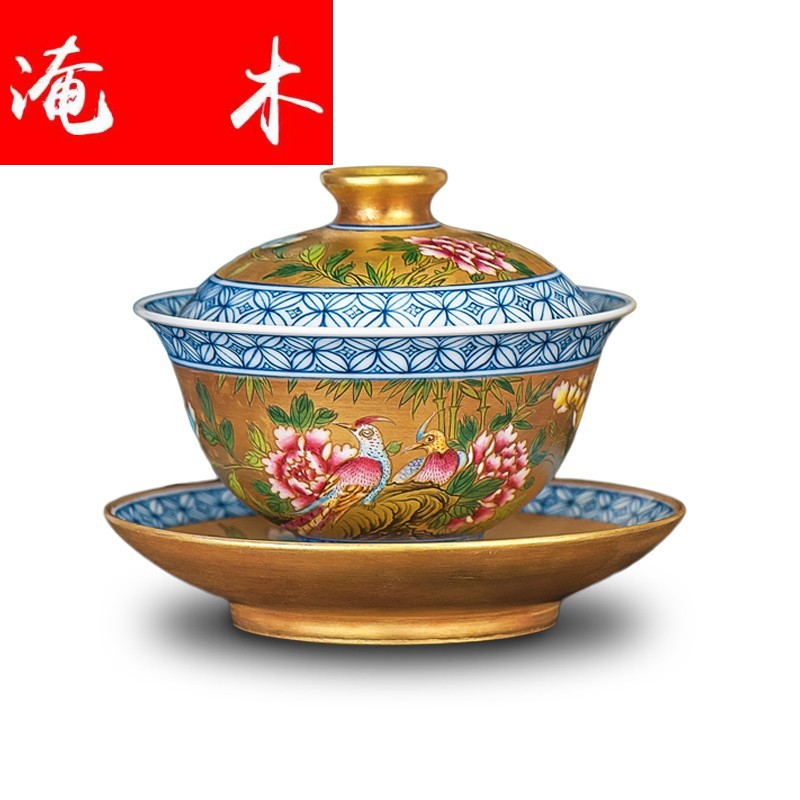 Flooded hand - made wooden jingdezhen ceramics powder enamel antique gold flower on three tureen kung fu tea set can be customized