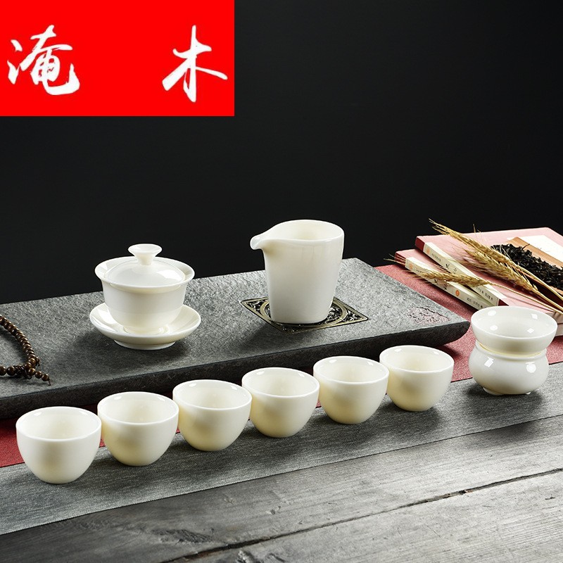 Submerged wood hand - made suet jade porcelain tea set kung fu tea set gift porcelain tureen cups gift boxes