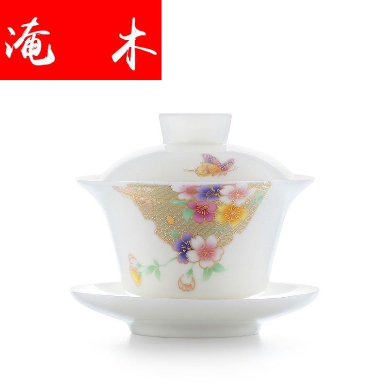 Flooded the wooden hand paint white porcelain tureen blue three cups to make tea bowl large jade porcelain kung fu tea set