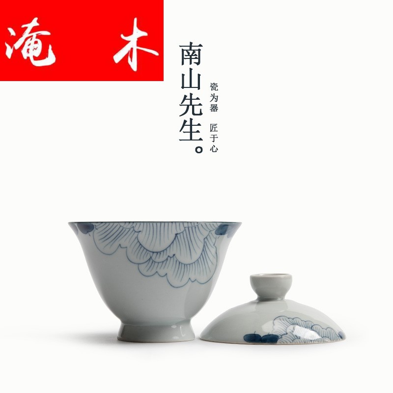 Submerged wood | hand - made lotus blue and white tea cup tureen archaize ceramic tea set three bowl of tea by hand to use