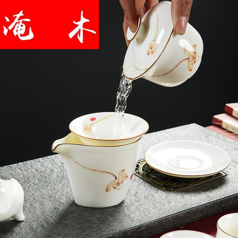 Submerged wood hand - made suet jade porcelain tea set kung fu tea set gift porcelain tureen cups gift boxes