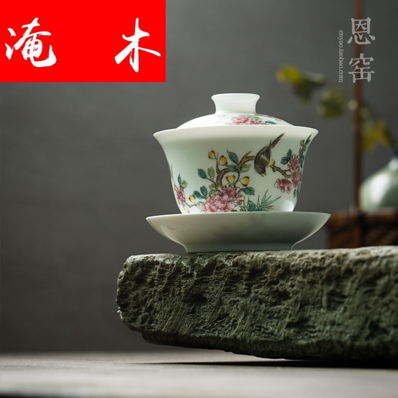 Flooded wooden thin body big tureen famille rose flower worship only three cup cup six styles of jingdezhen porcelain tea set by hand