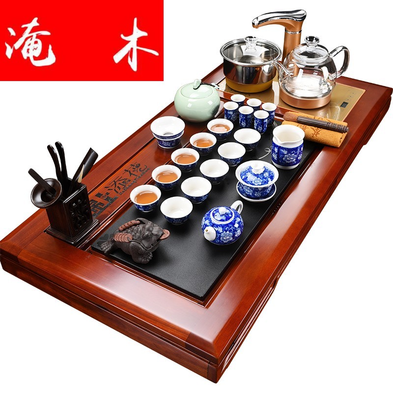 Submerged wood four unity of electric heating furnace of a complete set of automatic hua limu tea tray household kung fu tea sets ceramic tea set