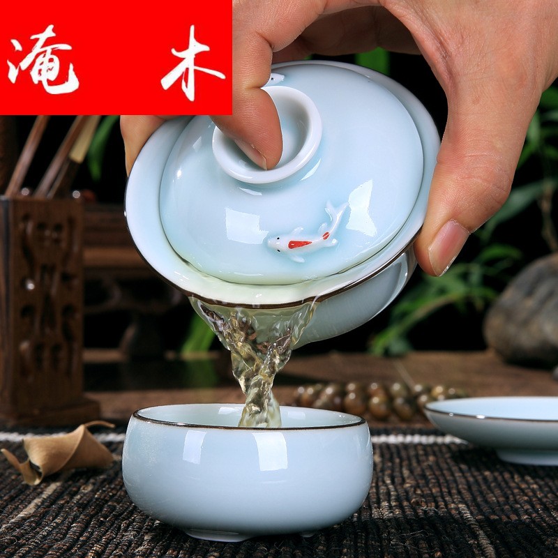 Submerged wood celadon relief hand only blue and white three color double ceramic kung fu tea tureen tea set