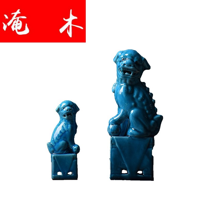 Flooded wooden fish, old plant porcelain of jingdezhen ceramic lion blue glaze blue glaze desktop furnishing articles town house standing to ward off bad luck