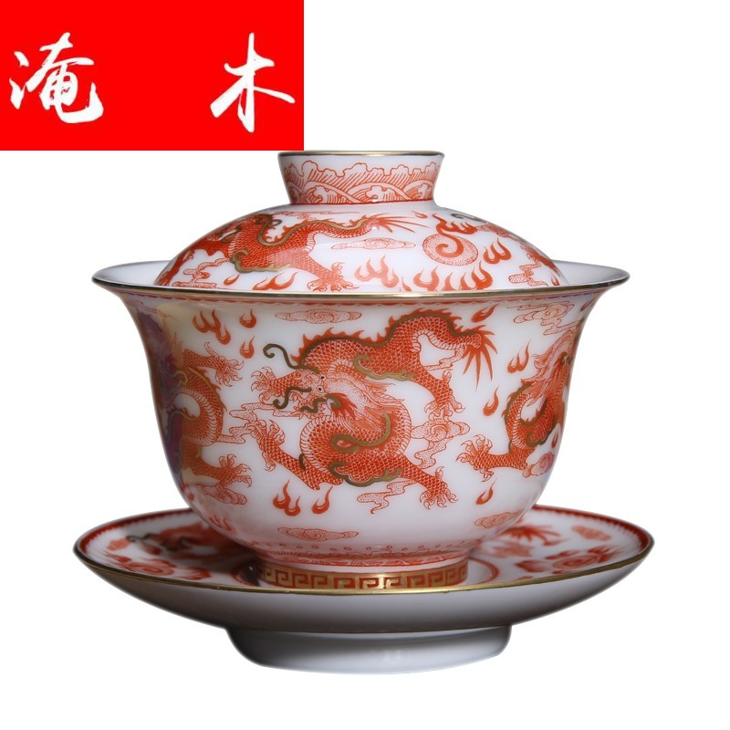 Submerged wood archaize of jingdezhen ceramic checking red powder enamel paint alum hand - made dragon three tureen kung fu tea worship