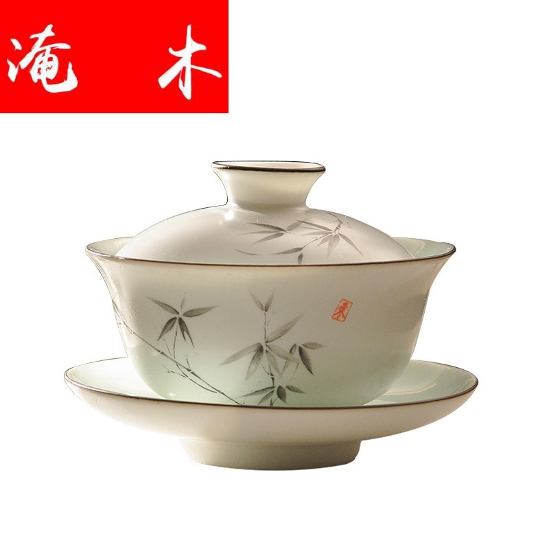 Submerged wood hand - made tea ware enamel tureen hand grasp kung fu tea set three fat white ceramic cup with tureen scene
