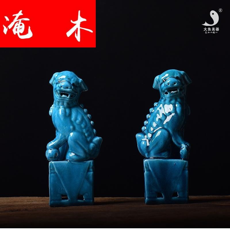 Flooded wooden fish, old plant porcelain of jingdezhen ceramic lion blue glaze blue glaze desktop furnishing articles town house standing to ward off bad luck