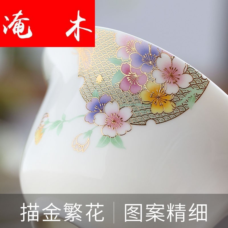 Flooded the wooden hand paint white porcelain tureen blue three cups to make tea bowl large jade porcelain kung fu tea set