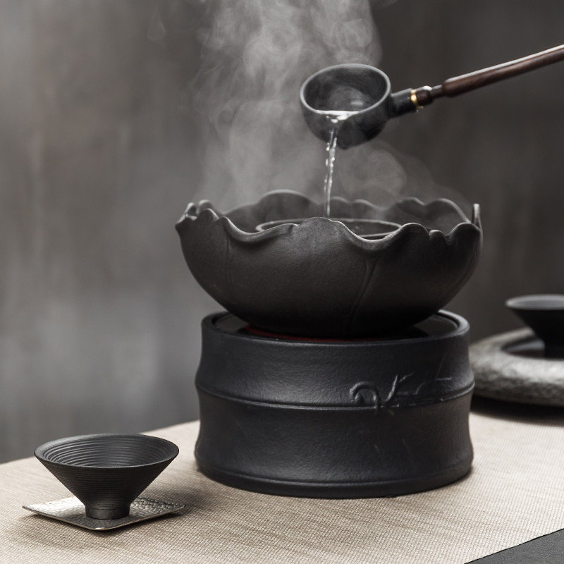 Bull Jen Volcanic Stone Cooking Tea Instrumental Kutian Tea With Black Tea Tea Tea Bowl Home Health Preservation Pot Warm Tea Ware Black Crystal Furnace Suit