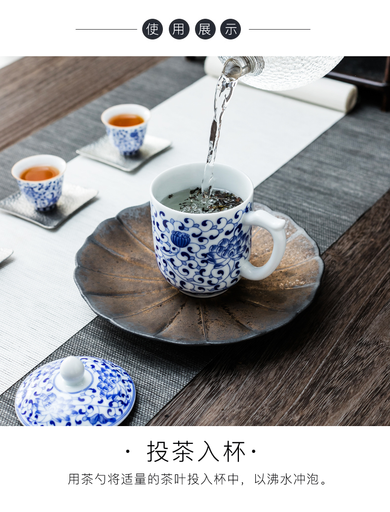 NiuRen single cup mark cup with cover ceramic cups office of blue and white porcelain cup household contracted individual cup tea cups