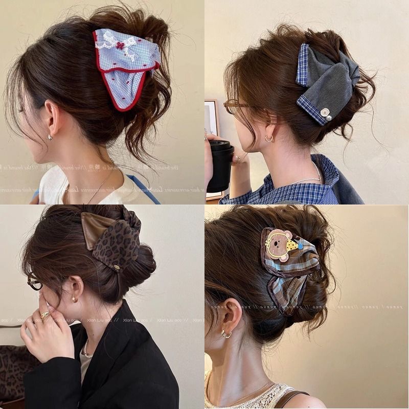 Vintage Leather Leopard Print Cartoon Lace Plaid Triangle Hair Clip New High-End Versatile Back-Of-The-Head Shark Clip Hair Accessory
