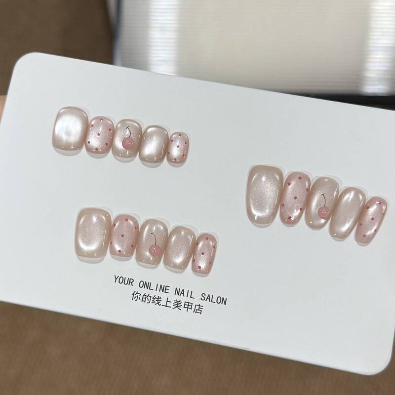 【Small Peach Beads】Korean Style ins Polka Dot Cherry High-End Cat Eye High-End Sweet and Cute Pink Handmade Beads