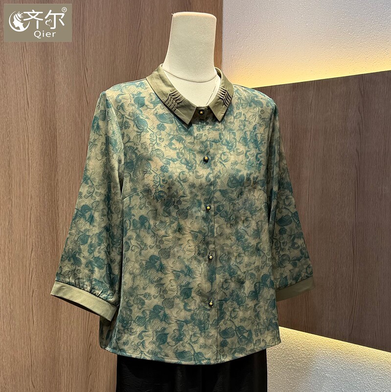 Mother's Clothing Silk Satin Three-Quarter Sleeve Shirt Middle-Aged and Elderly Women's Spring and Summer Printed Lapel Cardigan Mother's Day Top