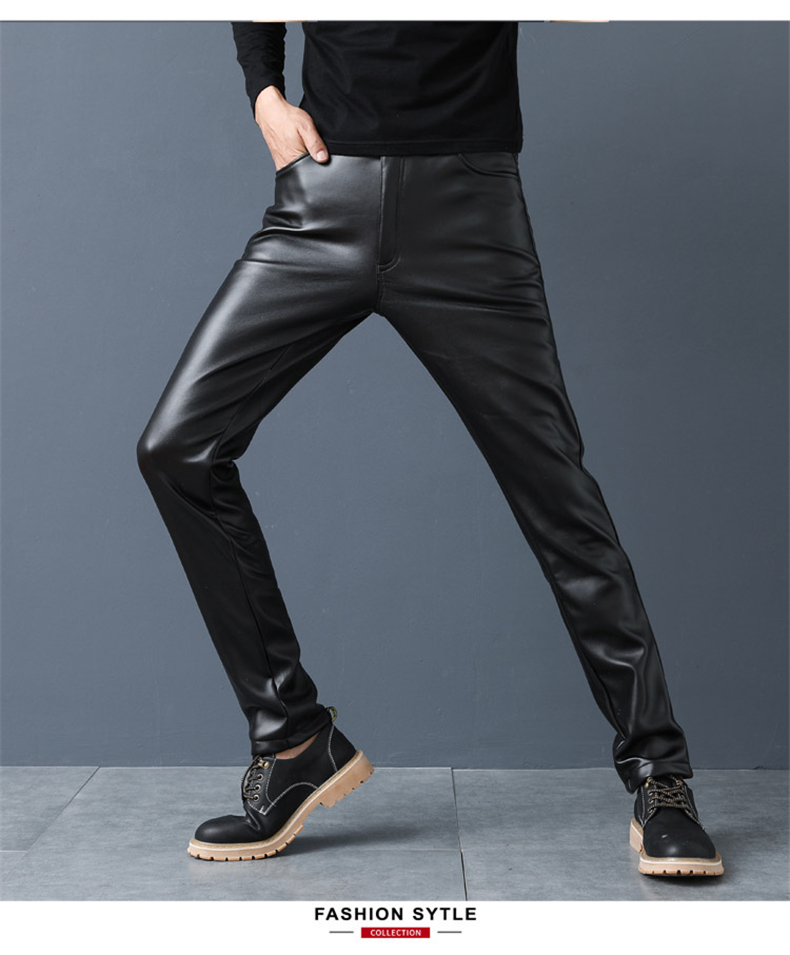 Mùa thu đông PU quần da nam bó sát chân đàn hồi Slim Quần da xe máy Hàn Quốc cộng với nhung dày quần jean ống rộng nam
