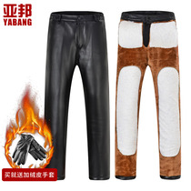 Middle-aged leather pants men velvet thickened takeaway motorcycle riding windproof loose fur one-piece warm PU leather pants