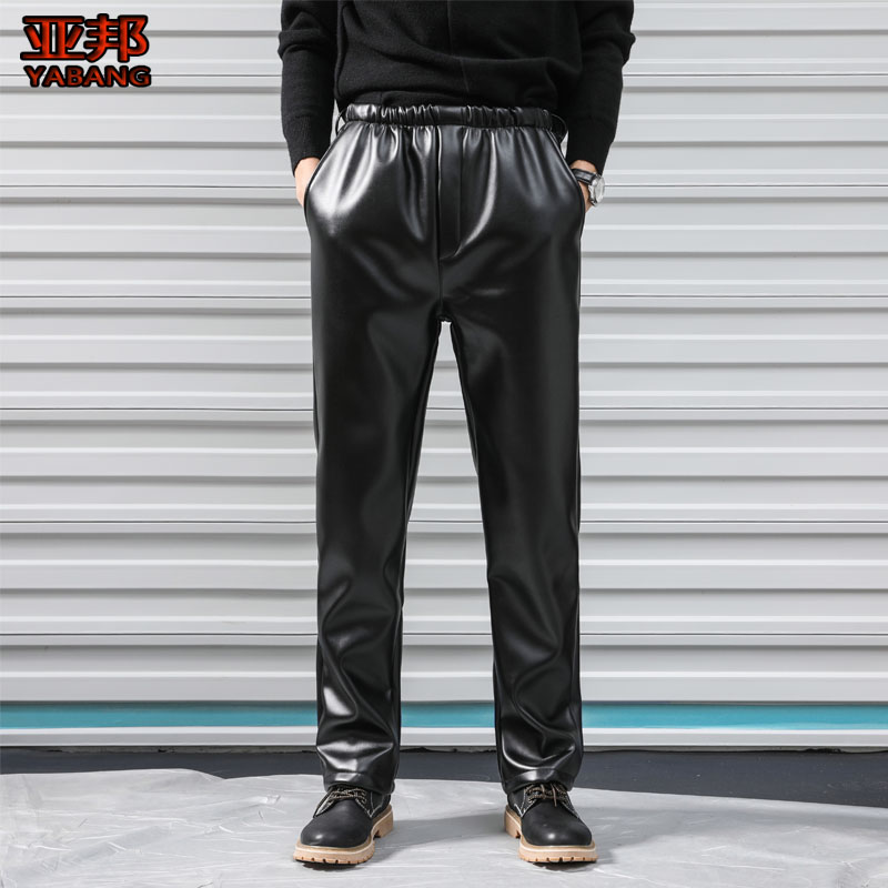 Leather hair integrated tightness waist middle aged men's leather pants autumn winter loose waterproof men's warm pants gush and waterproof