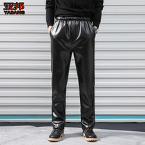 Fur one-piece elastic waist middle-aged and elderly mens leather pants autumn and winter loose waterproof mens warm pants velvet waterproof