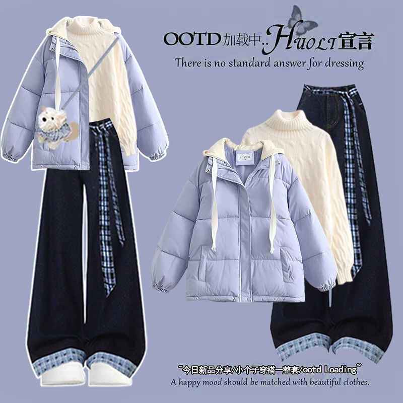 Girls' Fashionable down Cotton Jacket and Warm Sweater Set for 14-17 Year Old Middle School Students, Autumn and Winter Denim Pants Three-Piece Set