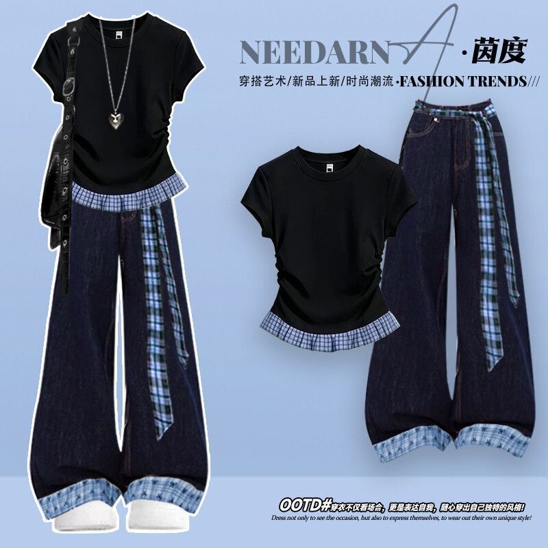 High School and Junior High School Students' Sweet and Cool Black Short-Sleeved T-Shirt Set for Girls 2026 New Style Slimming Two-Piece Jeans Set