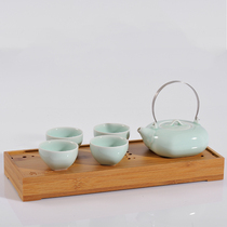 Ancient Wu kiln fire jade celadon ceramic kung fu tea set one pot four cups home office tea set gift from the elders