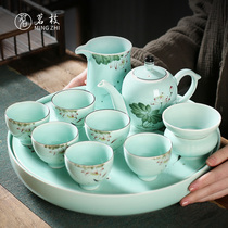 Ming branch hand-painted celadon kung fu tea set household dry bubble tea tray office guest Small set ceramic teapot tea cup