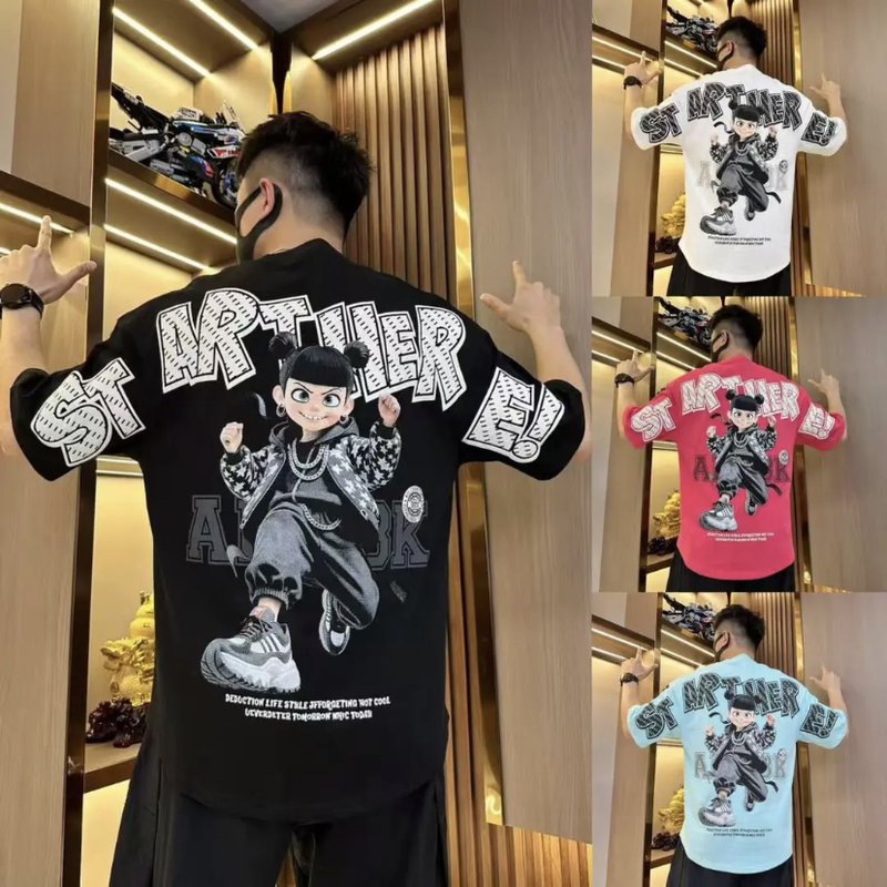 Summer Pure Cotton Short-Sleeved Curved Hem Men's T-Shirt 2026 New Cartoon Pattern Youth Loose Versatile Swallowtail Shirt