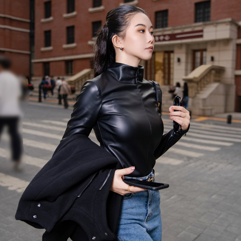 MOONA black leather jersey plus suede undershirt woman autumn winter warm high elastic body outside wearing inner lap coat-Taobao