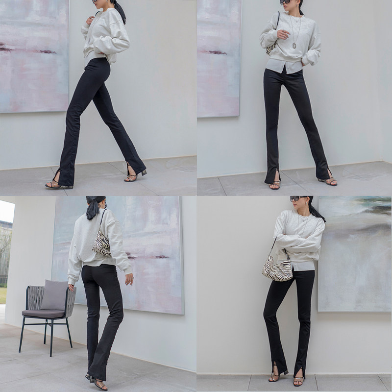 Supermodel pants split casual pants women's spring and autumn black high-waisted slim 2-meter legs stretched thin and high flared pants