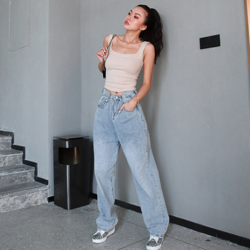 MOONA HYUNA wide-leg pants high-waisted jeans women's spring and autumn new thin loose drape mopping light-colored pants