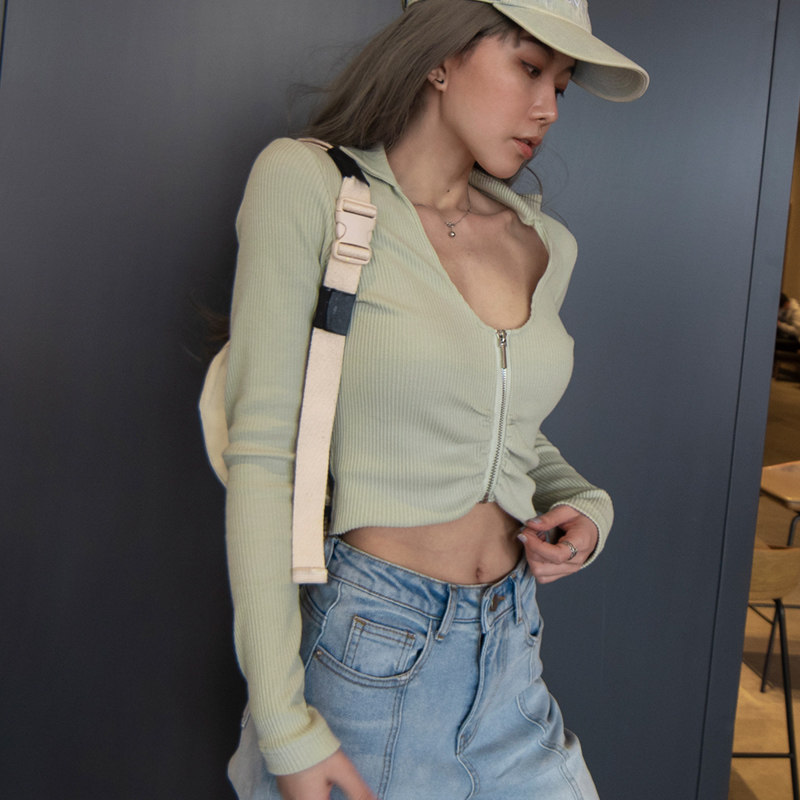 MOONA knitted sweater women's U-neck cardigan spring and autumn Europe and the United States show thin and short style cropped navel long-sleeved slim high-waisted T-shirt top