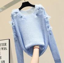 Send a spring and autumn vintage knitted jacket womens long sleeves soft milk blue Womens sweater light and loose wear