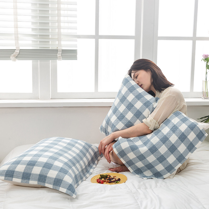 Pure cotton gauze simple pillow towel a pair of Japanese-style plaid student adult couple Japanese and European-style pillow towel does not fall off